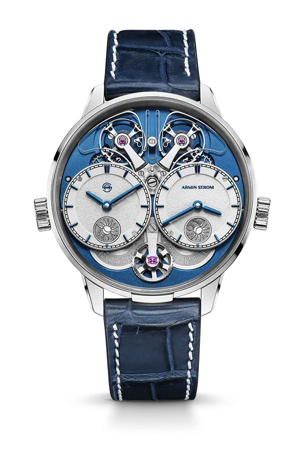 Armin Strom Dual Time GMT Resonance Manufacture Edition Blue – front view of the dial with blue mainplate and white azurage sub-dials