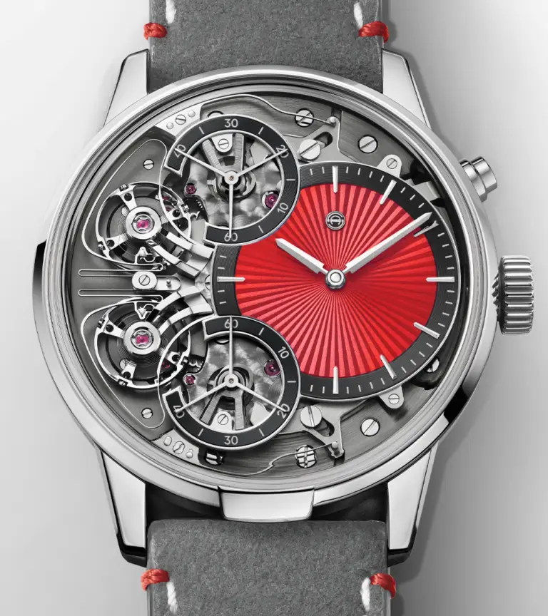 Armin Strom Mirrored Force Resonance Red——红色扭索纹表盘及裸露双摆轮机芯的特写